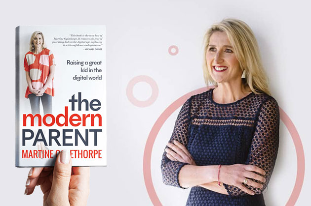 Headshot of Martine Oglethorpe next to her book The Modern Parent